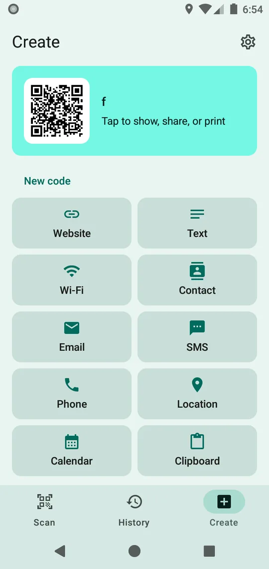 Der Erstellen-Bildschirm in Verdetto: deine Karte oben, dann Website, Text, WLAN, Kontakt, E-Mail, SMS, Telefon, Ort, Kalender und Zwischenablage.